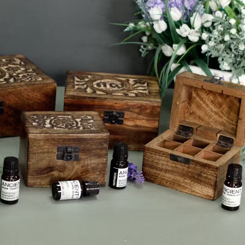 Mango Wood Aromatherapy Storage Box - Floral (Holds 24)