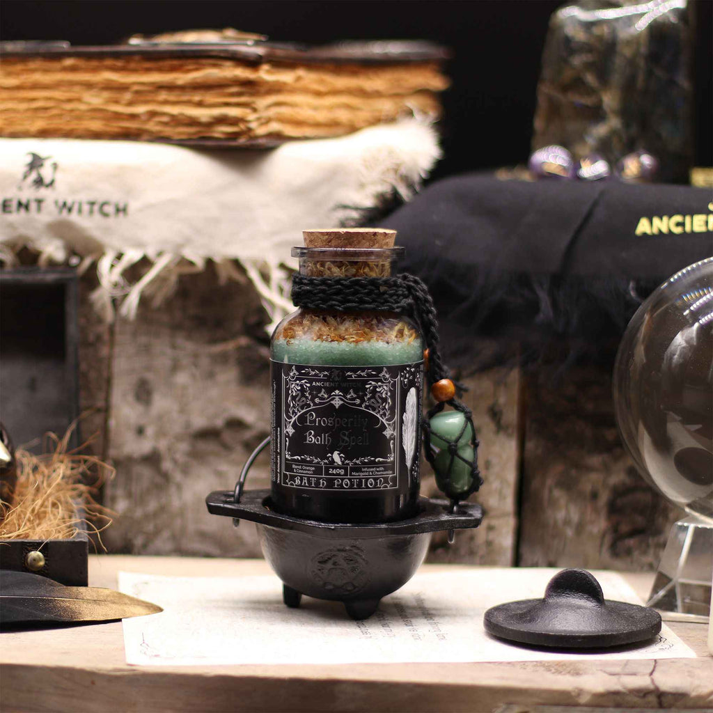 Ancient Witch Bath Spell Potion & Aventurine Crystal Amulet - Prosperity