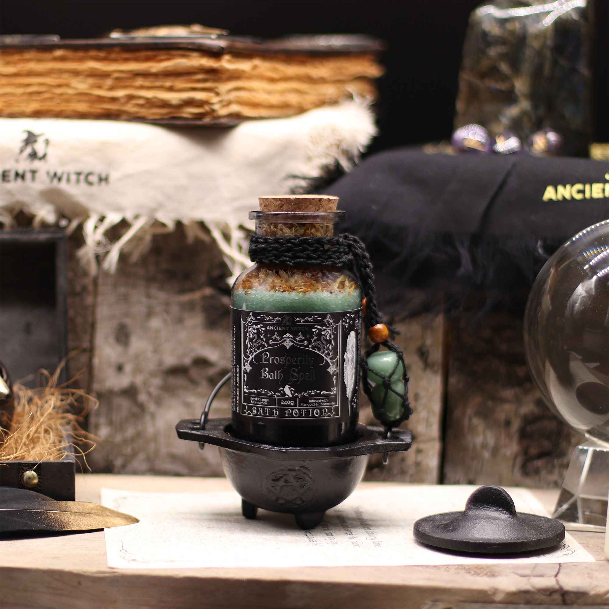 Ancient Witch Bath Spell Potion & Aventurine Crystal Amulet - Prosperity