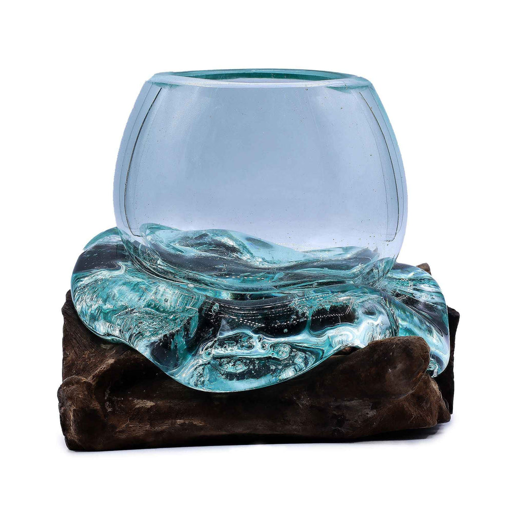Molten Glass Mini Goldfish Bowl on Wood 20cm