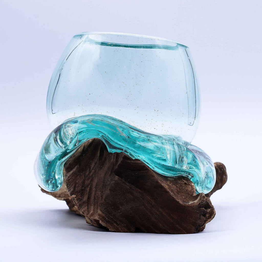 Molten Glass Mini Goldfish Bowl on Wood 20cm