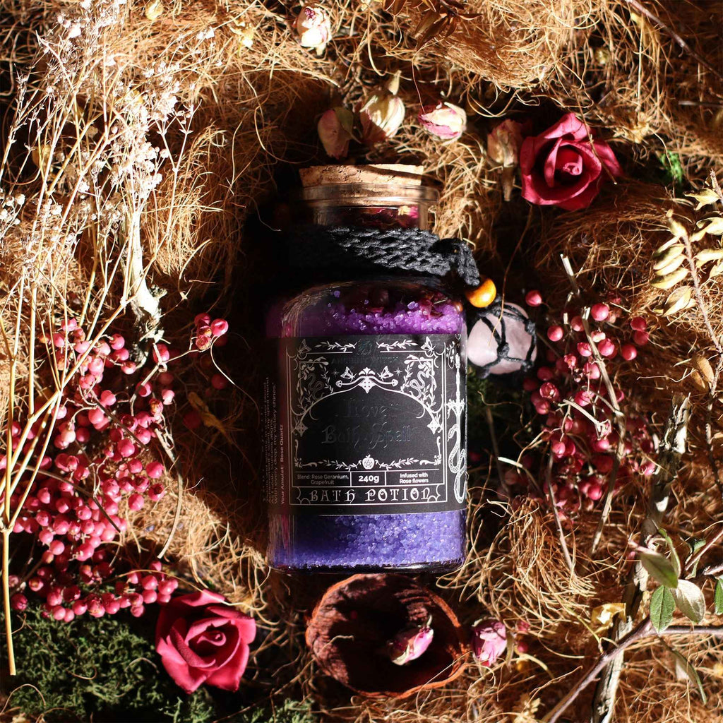Ancient Witch Bath Spell Potion & Rose Quartz Crystal Amulet - Love