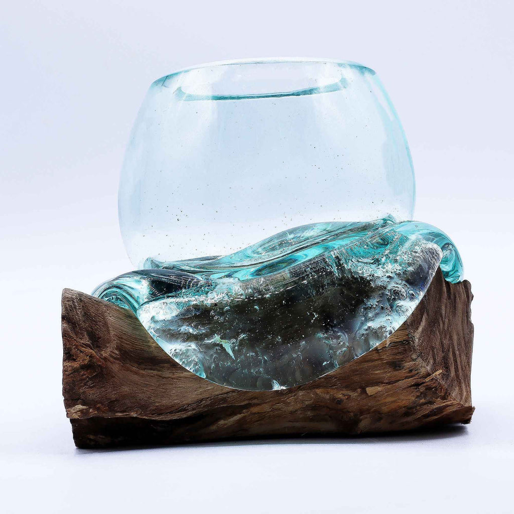 Molten Glass Mini Goldfish Bowl on Wood 20cm