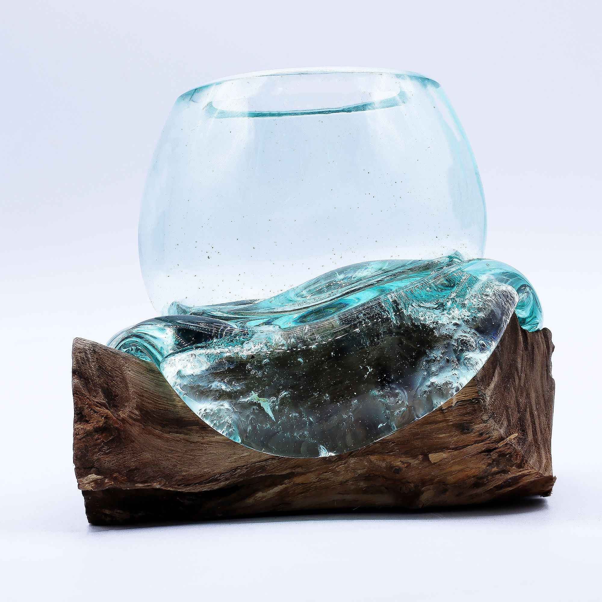 Molten Glass Mini Goldfish Bowl on Wood 20cm