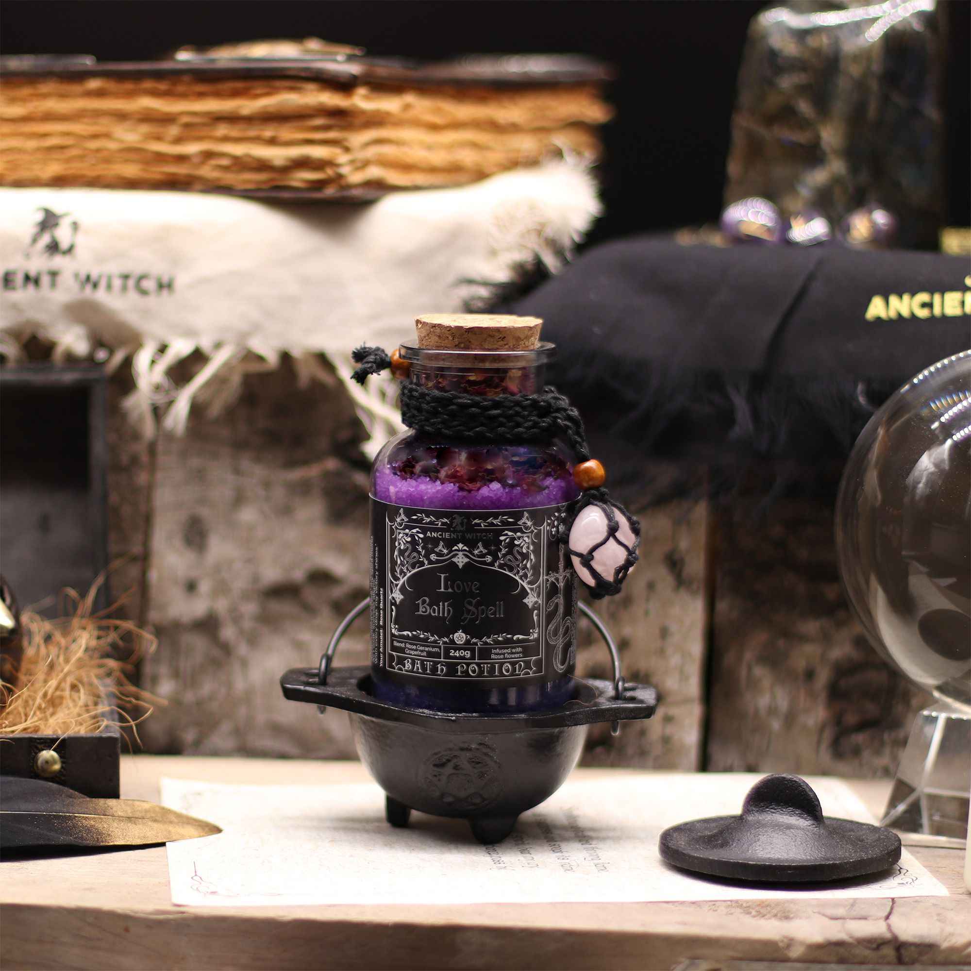 Ancient Witch Bath Spell Potion & Rose Quartz Crystal Amulet - Love