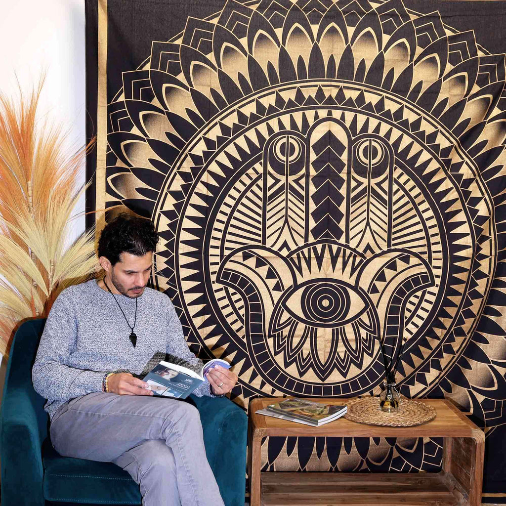 Double Cotton Bedspread + Wall Hanging - Hamsa - Black Gold