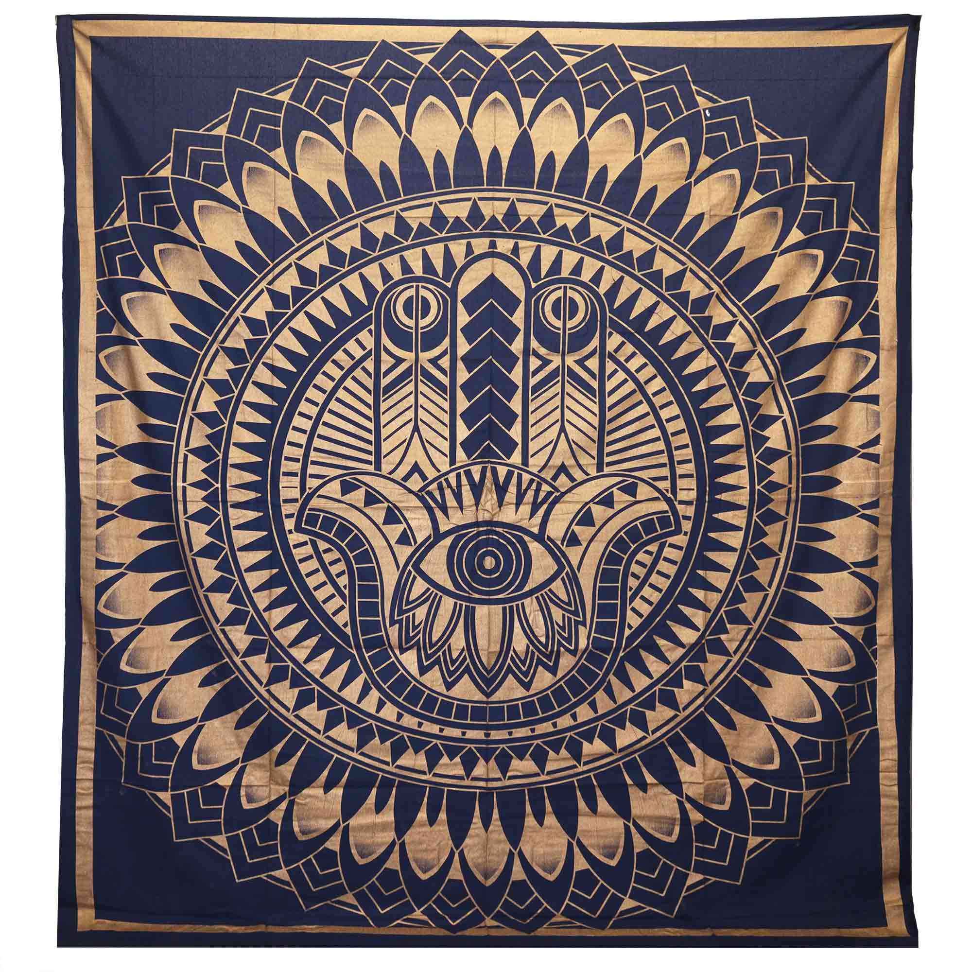 Double Cotton Bedspread + Wall Hanging - Hamsa - Blue Gold