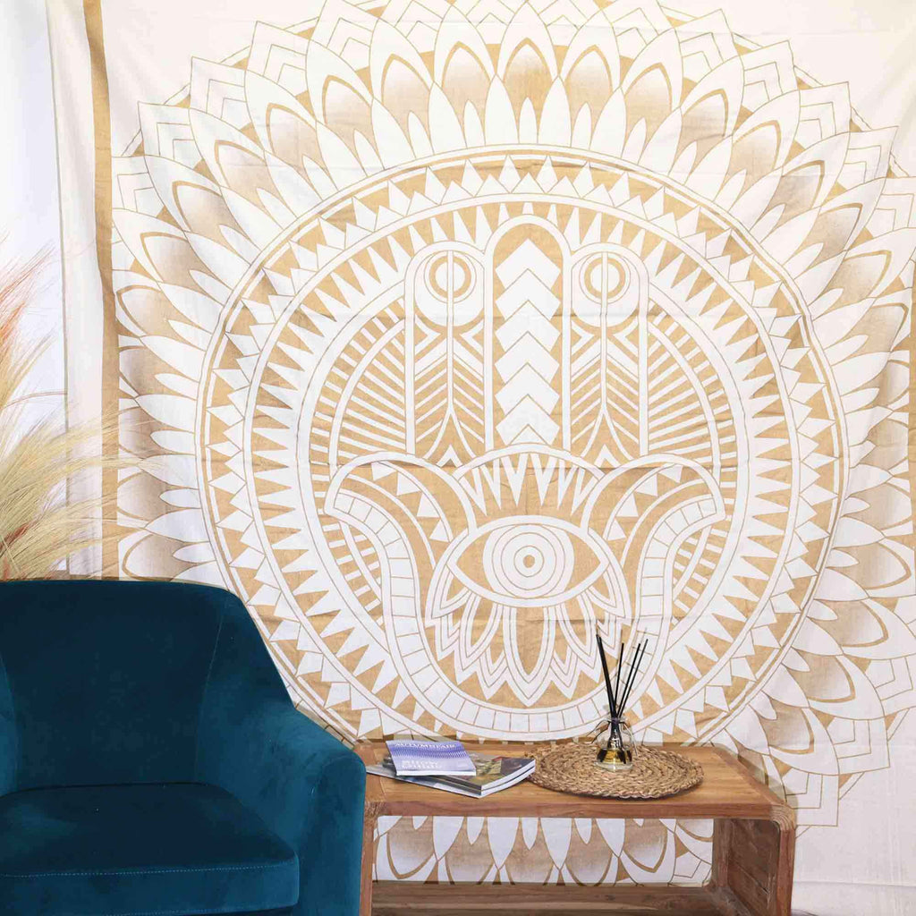 Double Cotton Bedspread + Wall Hanging - Hamsa - White Gold