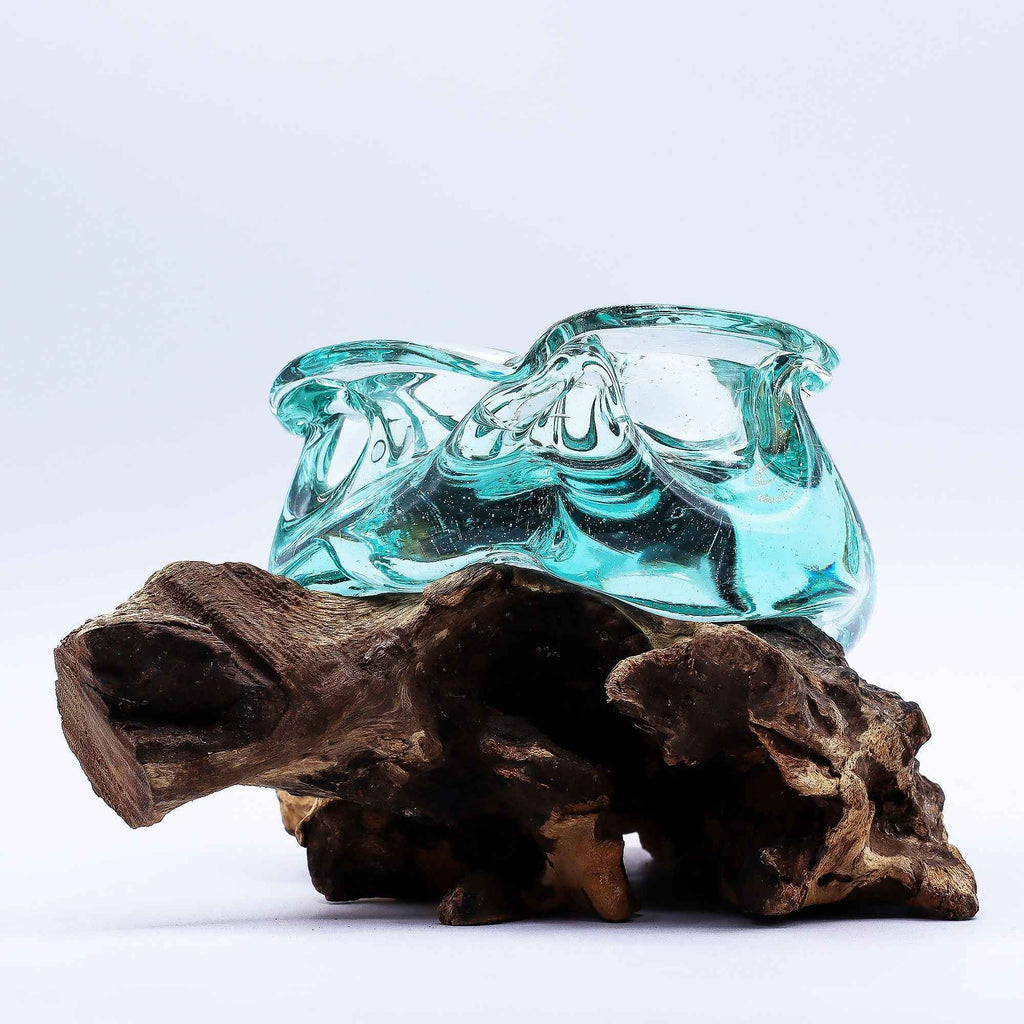 Molten Glass Chunky Ashtray / Candle Holder on Wood 23cm