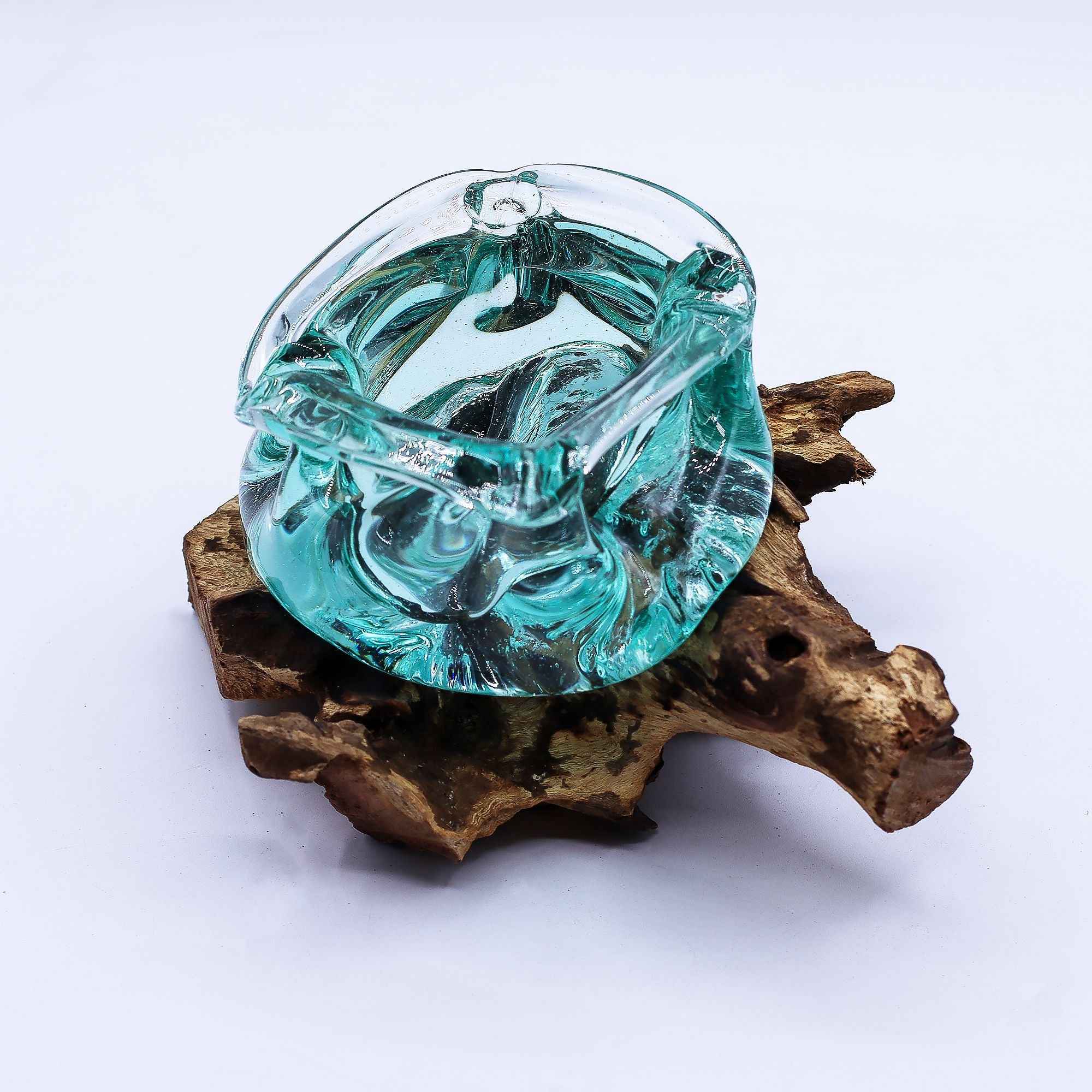 Molten Glass Chunky Ashtray / Candle Holder on Wood 23cm