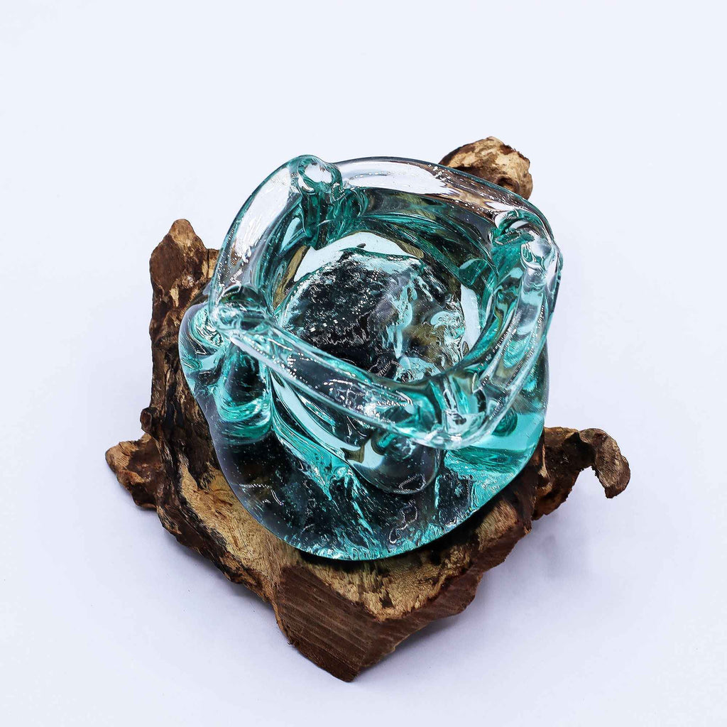 Molten Glass Chunky Ashtray / Candle Holder on Wood 23cm