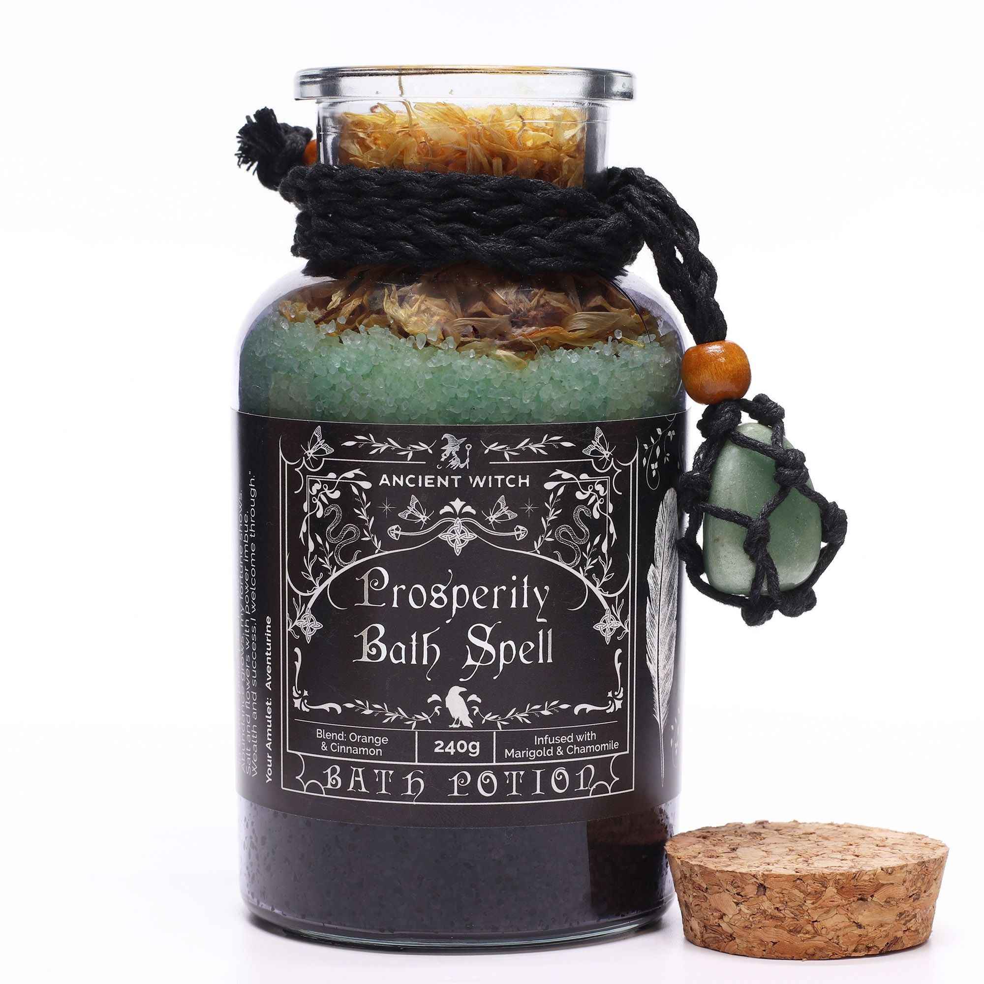 Ancient Witch Bath Spell Potion & Aventurine Crystal Amulet - Prosperity