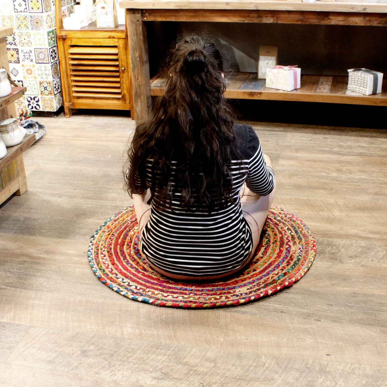 Round Jute and Recycled Cotton Rug - 90 cm