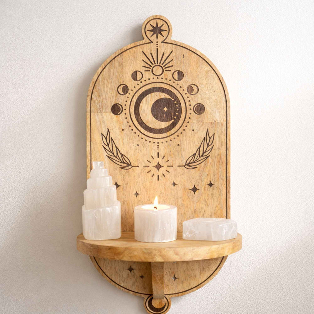 Moon Phase & Tree Carved Arch Wall Shelf