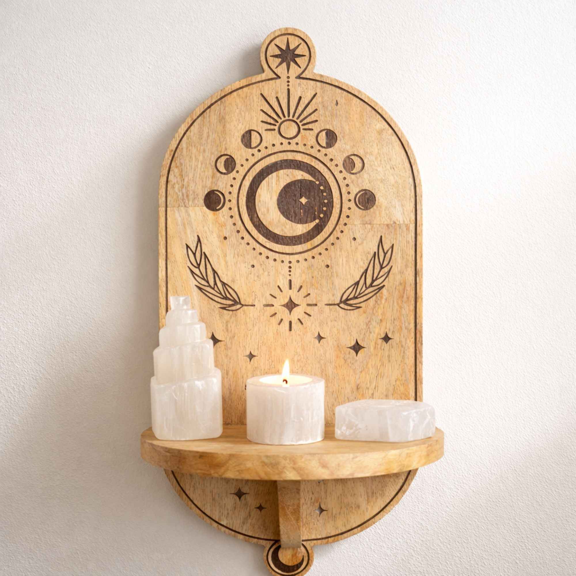 Moon Phase & Tree Carved Arch Wall Shelf