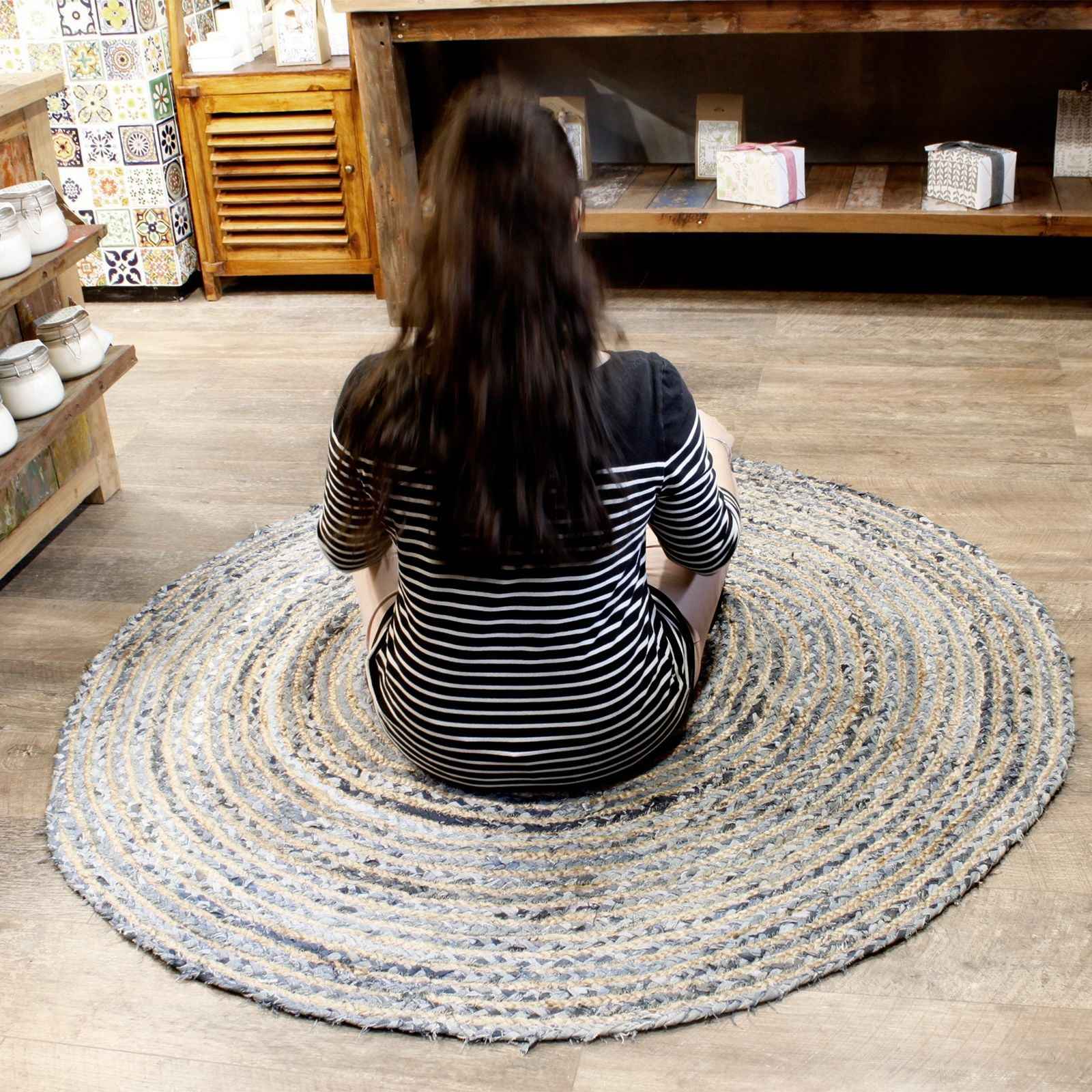 Round Jute and Recycle Denim Rug - 150 cm